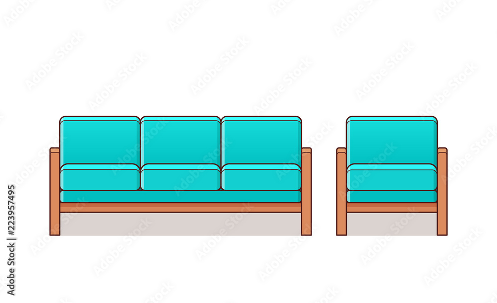 Vecteur Stock Sofa, couch, armchair linear icon. Vector. Outline furniture  in line art flat design. Cartoon turquoise house equipment for living room  isolated on white background. Animated set elements for lounge.