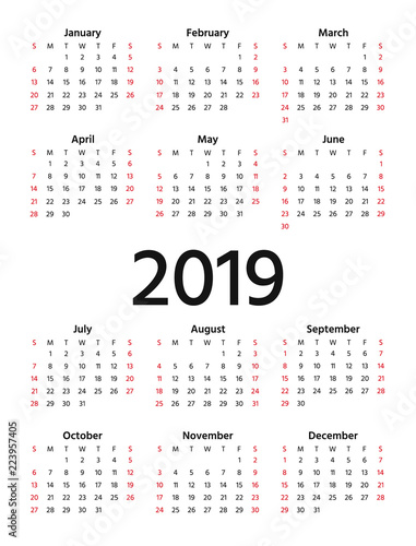 2019 Calendar. Vector. Week starts Sunday in minimal simple design. Stationery 2019 year vertical template. Yearly calendar organizer for weeks. Portrait orientation, english.
