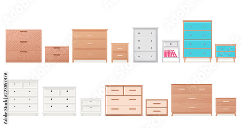 Chest of drawers, bedside table set. Vector. Furniture icon in flat design. Wooden textured dresser, commode. Cartoon house equipment for bedroom, living room isolated on white background.