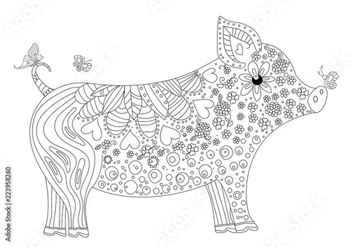 funny pig with flying butterflies for your coloring book