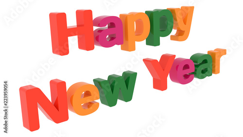 Happy New Year Words 3D Rendered Congratulation Text With Bold Font Illustration Colored With Tetrad Colors 6 Degrees, Isolated On White Background ..