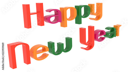 Happy New Year Words 3D Rendered Congratulation Text With Elegant Font Illustration Colored With Tetrad Colors 6 Degrees, Isolated On White Background ..