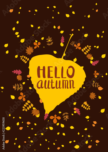 Hello autumn, lettering on an autumn leaf, fall, background landscape forest, tree trunks, template for banner, poster, vector, illustration, isolated