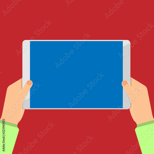 Flat design Vector Illustration Empty esp template copy text for Ad, promotion, poster, flyer, web banner, article. Human Hand Holding Blank TouchScreen Tablet Carrying Smartphone device