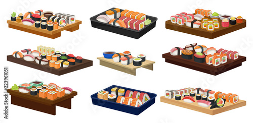 Flat vector collection of plates with sushi rolls. Traditional Asian food. Japanese cuisine