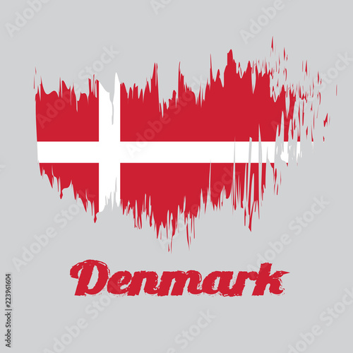 Brush style color flag of Denmark, red with a white Scandinavian cross that extends to the edges of the flag. with name text Denmark. photo