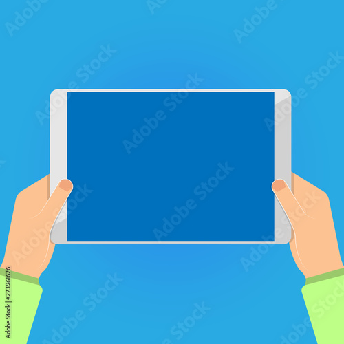 Flat design business Vector Illustration concept template copy space text for Ad website esp isolated 3d isometric. Human Hand Holding Blank TouchScreen Tablet Carrying Smartphone device