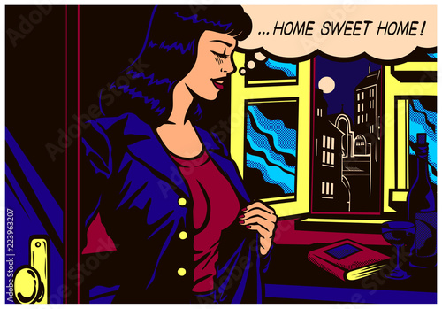 Pop art comics style scene woman coming back home after hard day work to her room or apartment poster wall decoration design vector illustration