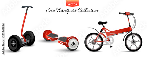 Mono wheel isolated roller scooter. Balance bikes. Different scooters eco alternative city transport. Realistic biking and rolling wheels. Push cycle gyroscooter. Kick scooter and monowheel segway.