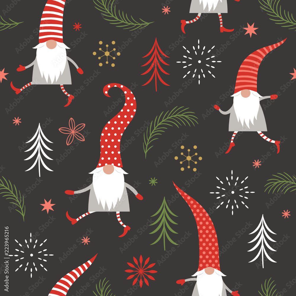 Christmas Seamless Pattern, Seasons greetings , cute Christmas gnomes in red hats
