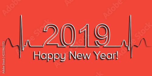 Medical Christmas banner, 2019 happy new year, vector 2019 health medical style heartbeat, concept healthy lifestyle, 3D effect with shadow, fitness life