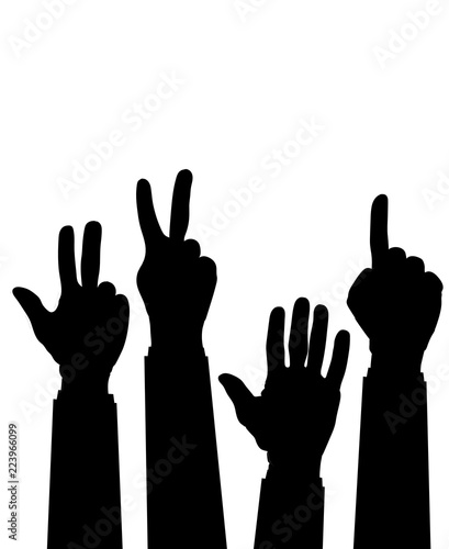 Hand count. Flat finger and number isolated on white background. Vector set of nonverbal sign - fist, victory, pointing up. One, two, three, five hand character.