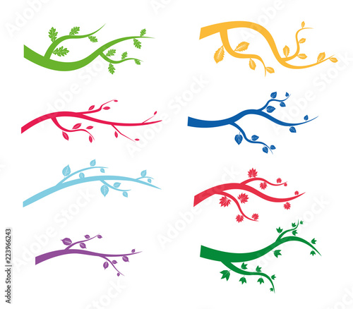 The branches of trees. Colors silhouette on a white background. Drawing of pine, fir and cherry. Vector illustration