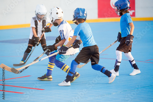 Team players having competitive hockey game