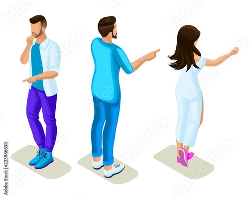 Isometrics young people, generation Z, rear view and front view, hand gesture show, point, guide