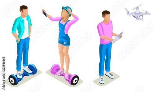 Isometrics young people, generation Z, teenagers using hoverboard. The gyroscope based dual wheel electric scooter, smart balance wheel