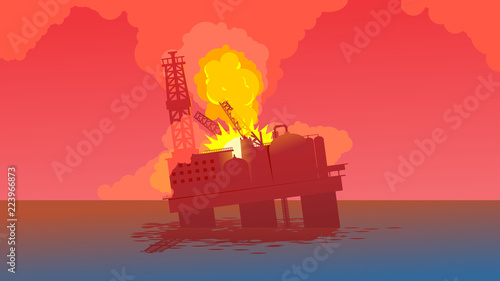 offshore rig sillhouette night sky with huge moon flat style