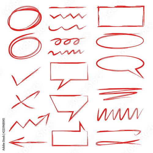 red hand drawn marker elements, check mark, underlines