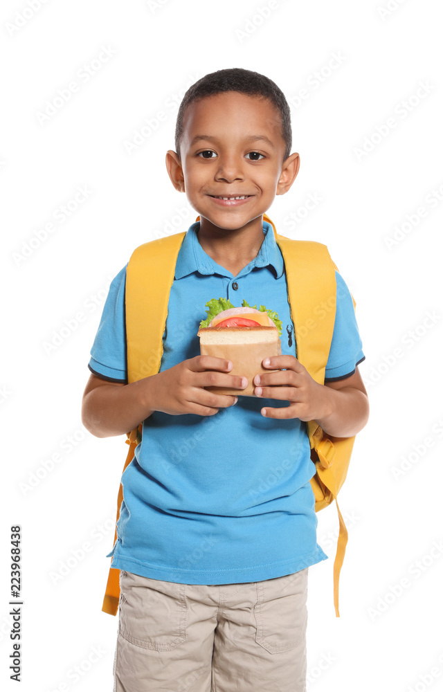 African-American schoolboy with healthy food and backpack on white background African-American schoolboy with healthy food and backpack on white background