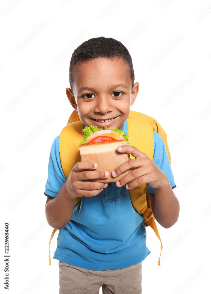 African-American schoolboy with healthy food and backpack on white background African-American schoolboy with healthy food and backpack on white background