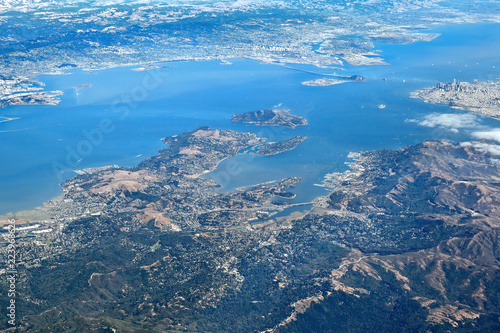 Aerial View of entire San Francisco Bay Area: Looking south towards Downtown San Francisco, Sausalito, Belvedere, Bay Bridge with Oakland in the distance.