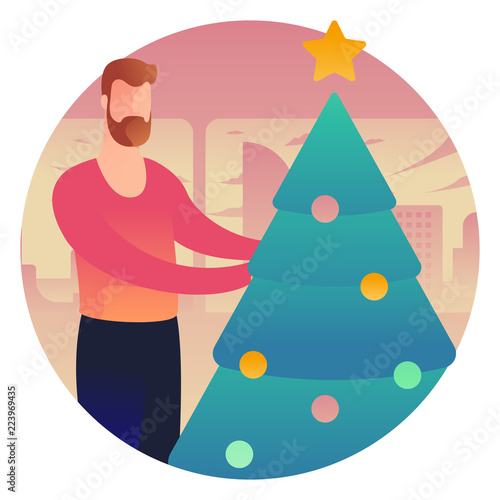 Man decorating Christmas tree