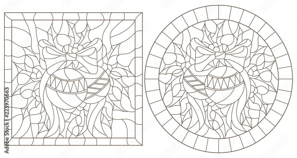 Set of contour illustrations in stained glass style for the New year and Christmas, Christmas decorations, Holly branches and ribbons in the frame, round and square image