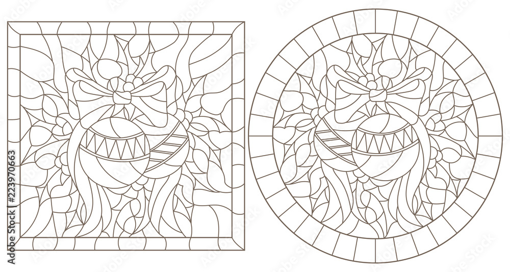 Fototapeta premium Set of contour illustrations in stained glass style for the New year and Christmas, Christmas decorations, Holly branches and ribbons in the frame, round and square image