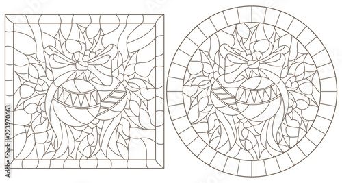 Set of contour illustrations in stained glass style for the New year and Christmas, Christmas decorations, Holly branches and ribbons in the frame, round and square image