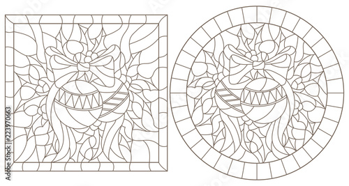 Set of contour illustrations in stained glass style for the New year and Christmas, Christmas decorations, Holly branches and ribbons in the frame, round and square image