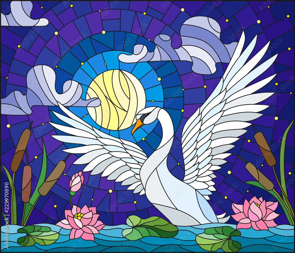 Obraz premium Illustration in stained glass style with Swan , Lotus flowers and reeds on a pond in the moon, starry sky and clouds