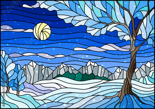 Illustration in stained glass style with winter landscape,  tree on mountain landscape and Sunny sky and snow background