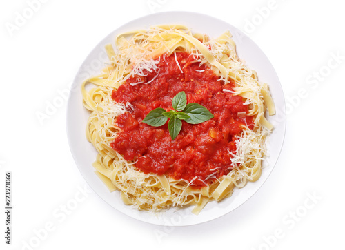 plate of pasta with tomato sauce isolated on white background