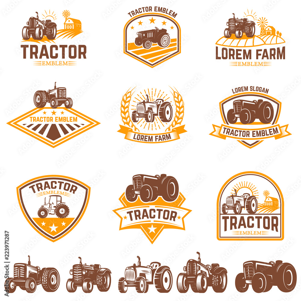 Naklejka premium Set of tractor emblems. Farmers market. Design element for logo, label, sign.