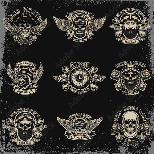 Set of biker emblems. Racer skull with crossed pistons. Extreme motorsport. Design elements for logo, label, emblem, sign.