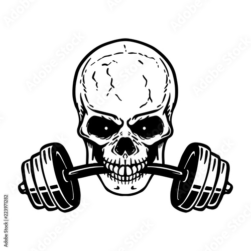 Skull with barbell in teeth. Design element for gym logo, label, emblem, sign, poster, t shirt.