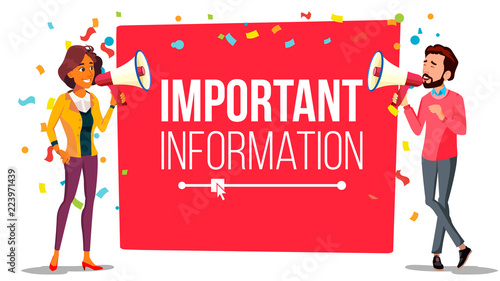 Important Information Attention Banner Vector. Businessman, Woman With Megaphone. Loudspeaker. Business Advertising. Place For Text. Illustration