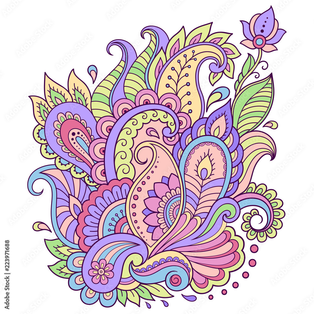 Bright color floral ornament. Decorative pattern in oriental mehndi style for the interior decoration, tatto and henna drawings. Print on t-shirt.