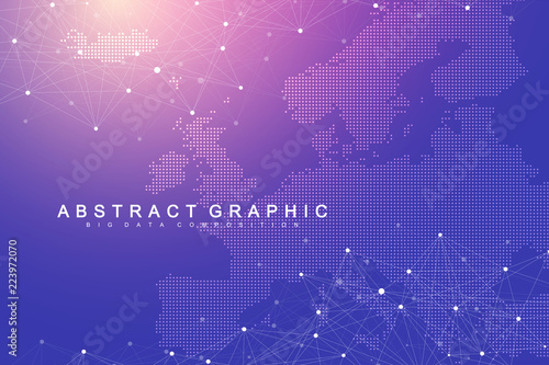 Geometric graphic background communication with Europe Map. Big data complex with compounds. Perspective backdrop. Minimal array. Digital data visualization. Scientific cybernetic vector illustration.