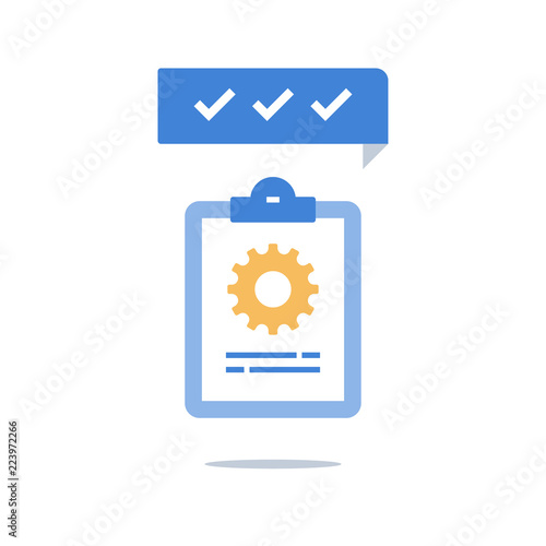 Project management, clipboard and cogwheel, technical support check list, team work solution, software upgrade, testing services