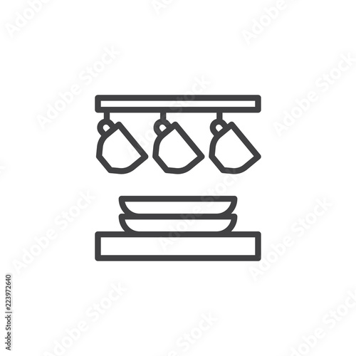 Kitchen cutlery hanging outline icon. linear style sign for mobile concept and web design. Cups and plates on a kitchen stand hanger simple line vector icon. Symbol, logo illustration. Pixel perfect 