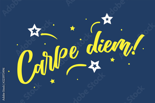 Hand sketched Carpe diem lettering typography. Drawn inspirational quotation  motivational quote. Fortune logotype  badge  poster  logo  tag stars. Banner on blue background. Vector illustration