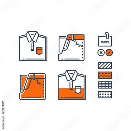 Complementary clothing, casual wear, fashion guide, men wardrobe, outfit combination, folded clothes, shirt and jeans