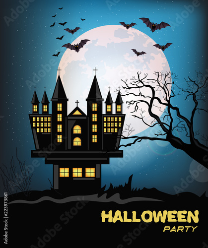 Haunted castle halloween card background Vector. Full moon dark night with ba...