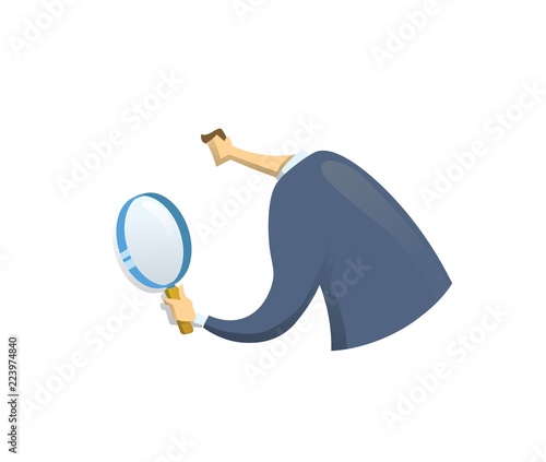 Businessman in suit looking through a magnifying glass, back view. Recruiting and researches. Vector flat design illustration. Isolated on white background.