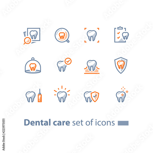 Stomatology services, dental care, prevention check up, hygiene and treatment, line icons