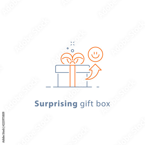 Prize give away, surprising gift, emotional present, fun experience, gift idea concept, line icon