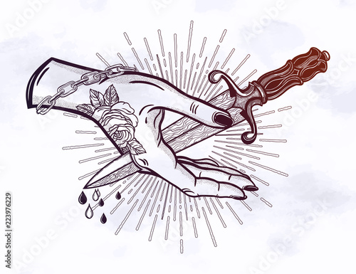 Tattoo flash hand pierced by the blade.