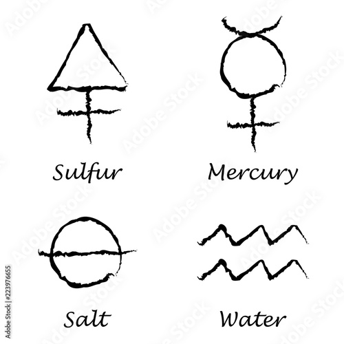 Alchemical Signs: Sulfur, Mercury, Salt and Water. Vector illustration