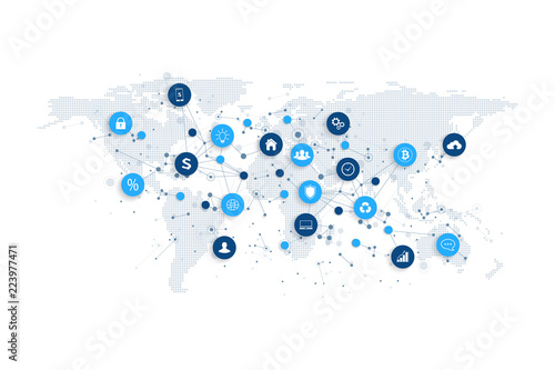 Social media network and marketing concept with dotted world map. Internet and business technology. Analytical networks. Vector illustration